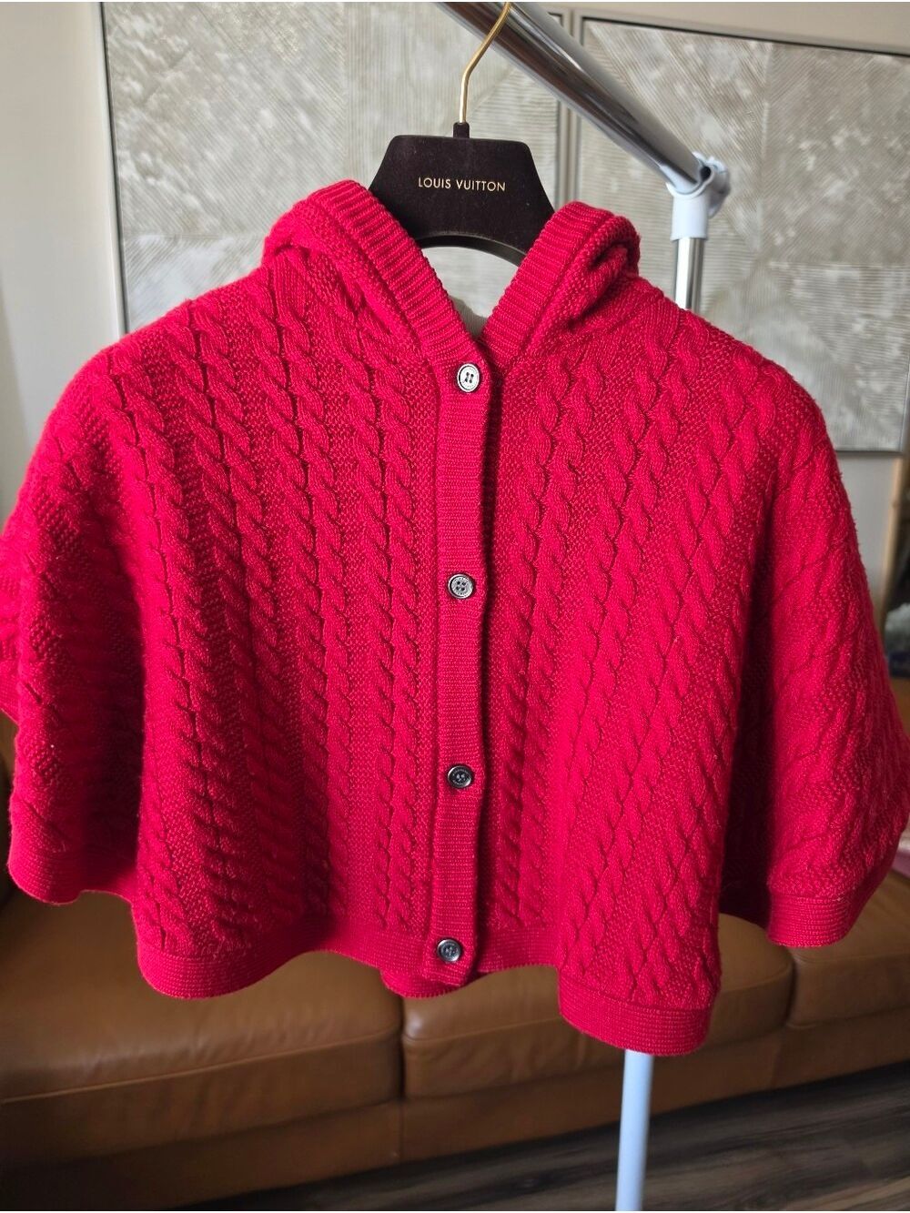 Kids Burberry Hooded Cable Knit Sweater Cape - Red